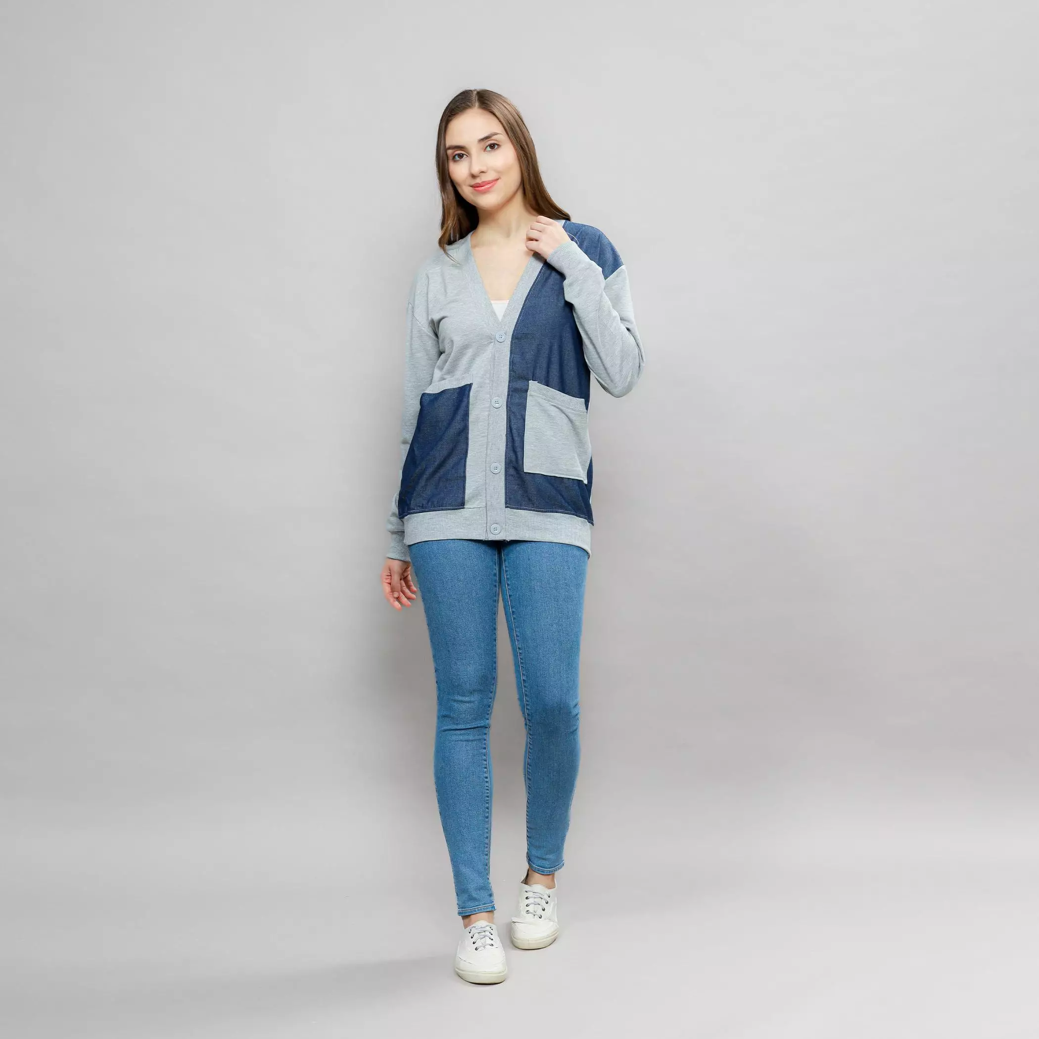 Enough For Today - Sweater Cardigan Motif Jeans Blue Denim Abu Misty Bahan Katun Babyterry Outer Denim Wanita Jaket Blazer