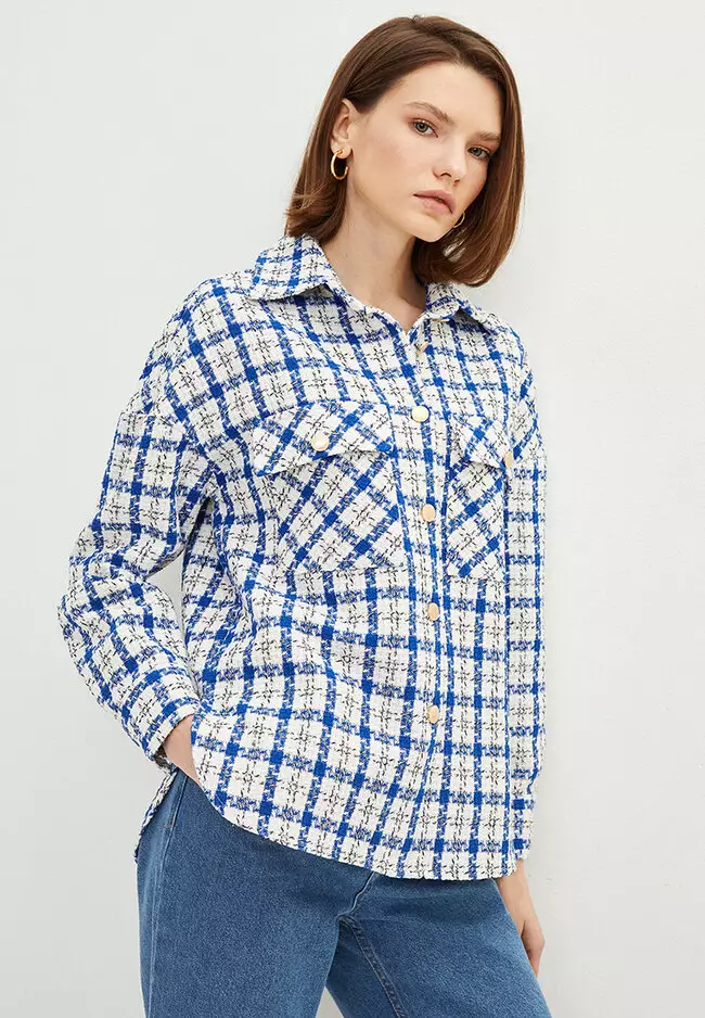 Front Button Closure Plaid Long Sleeve Tweed Women's Shirt Jacket