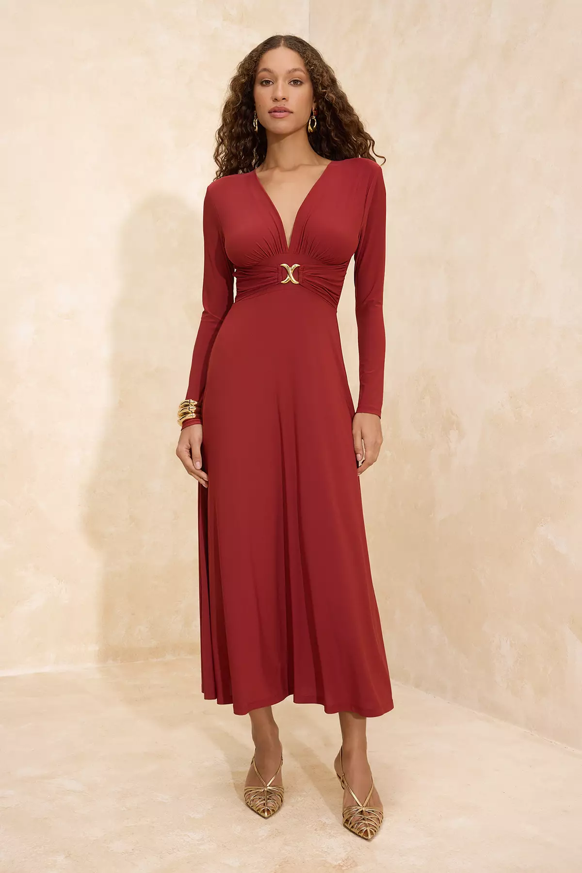 Tile Accessory Detailed Shoulder Pad Piece V-Neck Knitted Dress Tprss26El2