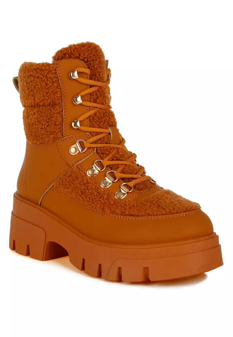 Faux Fur Detail Chunky Hiker Boots in Tan