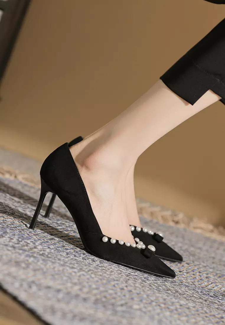 8.5CM Pearl Bow Pointy Suede Pumps TE7198-9