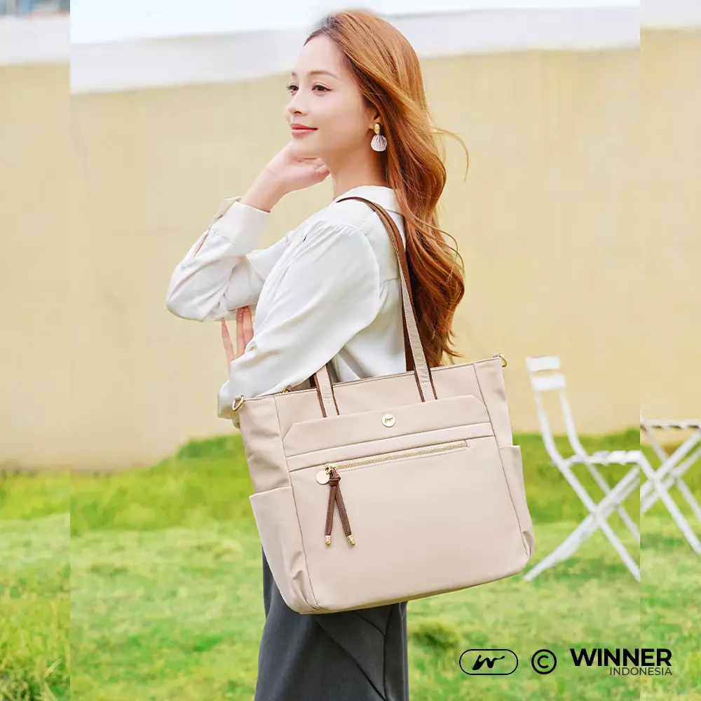 Tas Laptop 14 inch Bahu Selempang Tote Bag Nilon Oxford Wanita Korean Style Anti Air (TT14-051-5585) - Khaki 14 inch