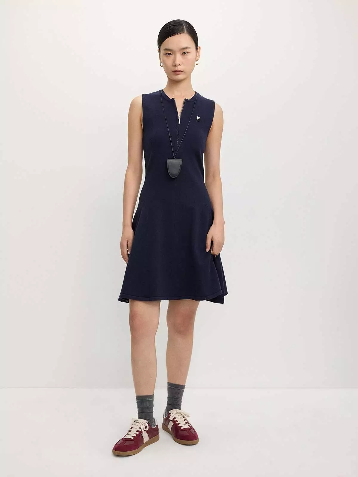 Pomelo - Mini Dress Wanita - Zip-Up Flared Dress - Navy
