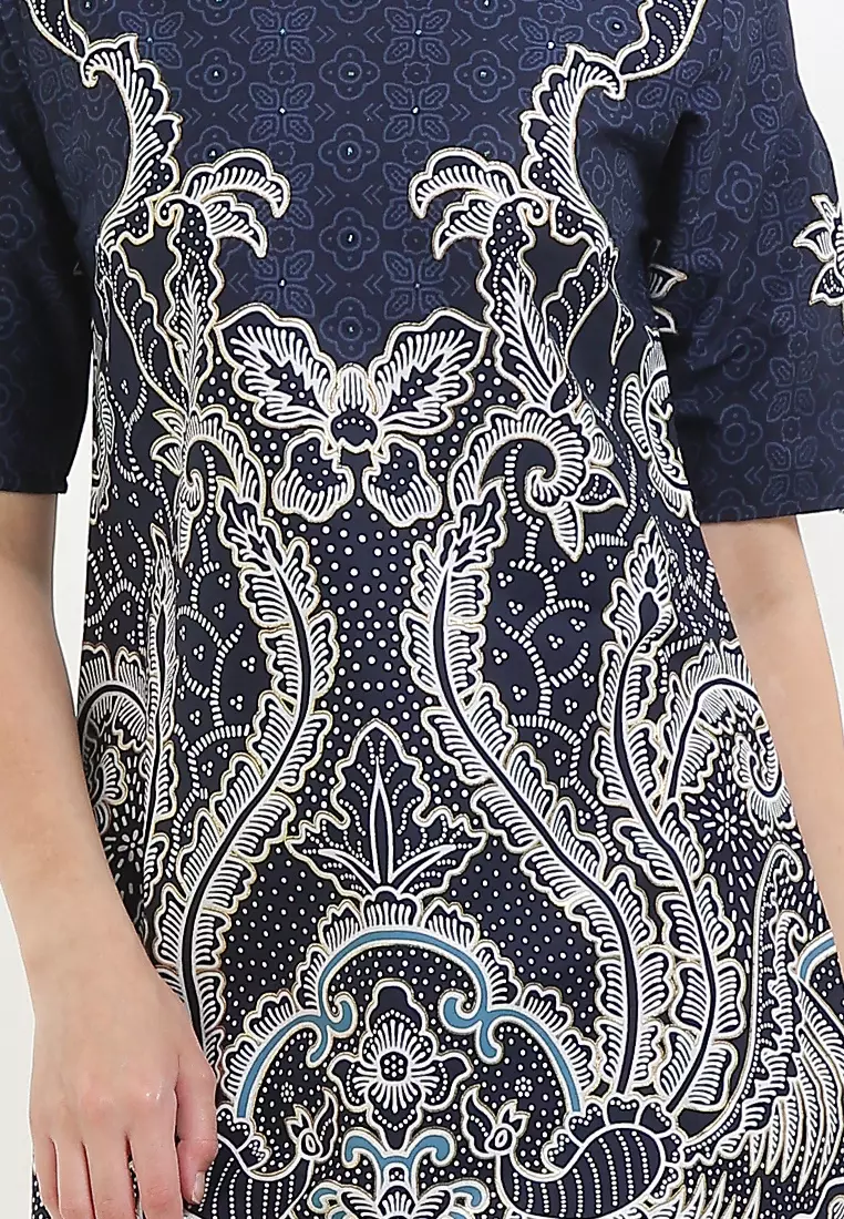 Dress Wanita Bodyfit Batik Furing Lining Dress Varenka Lengan Pendek Navy