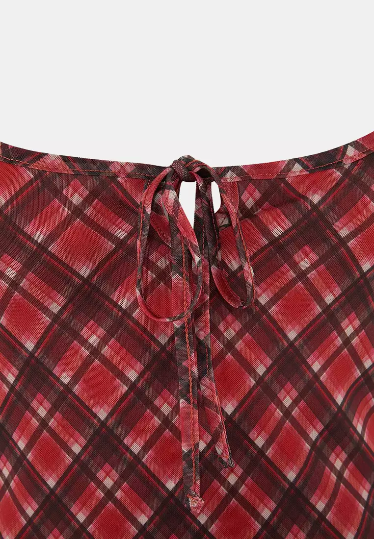 Teen Red Lacing Detailed Plaid Tulle Maxi Stretchy Knitted Plus Size Dress Tbbss26Ah00130