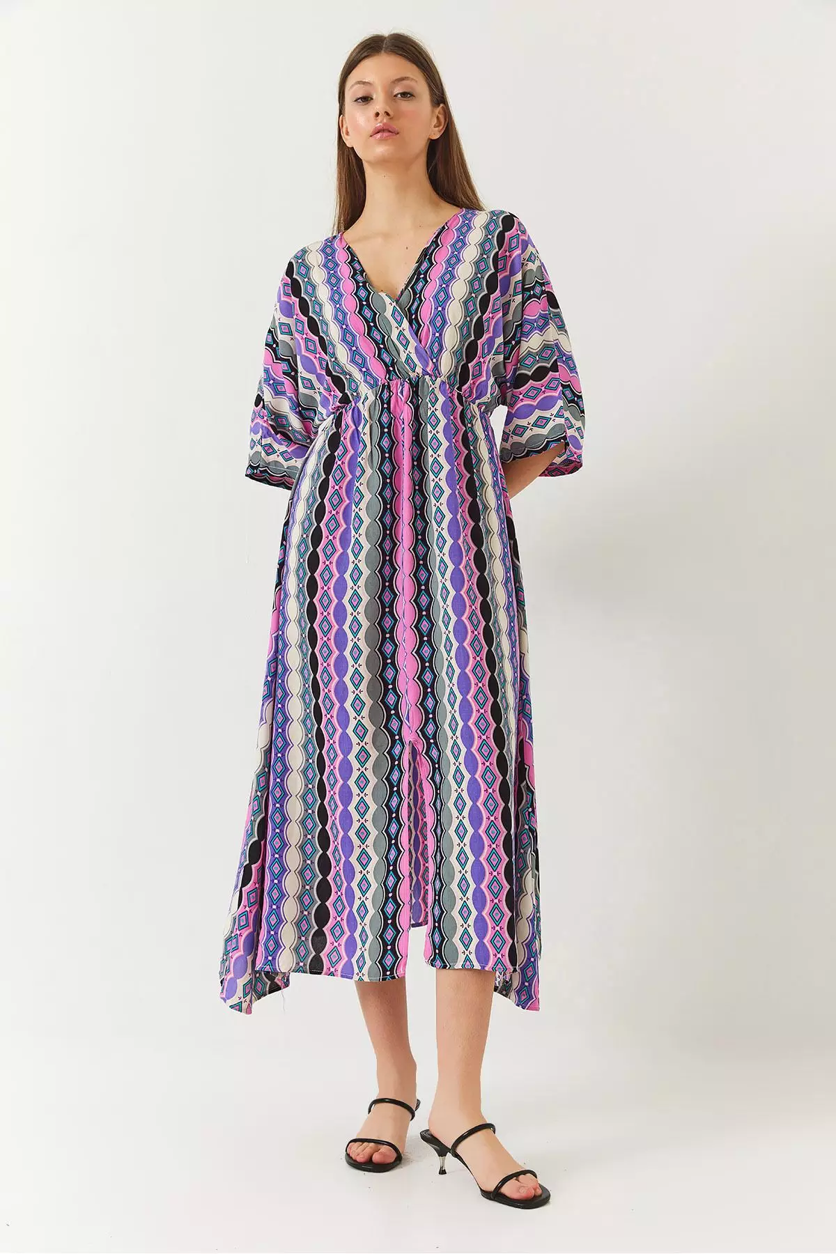 Women's Double Breasted V Neck Front Slit Detail Print Dress 60261411