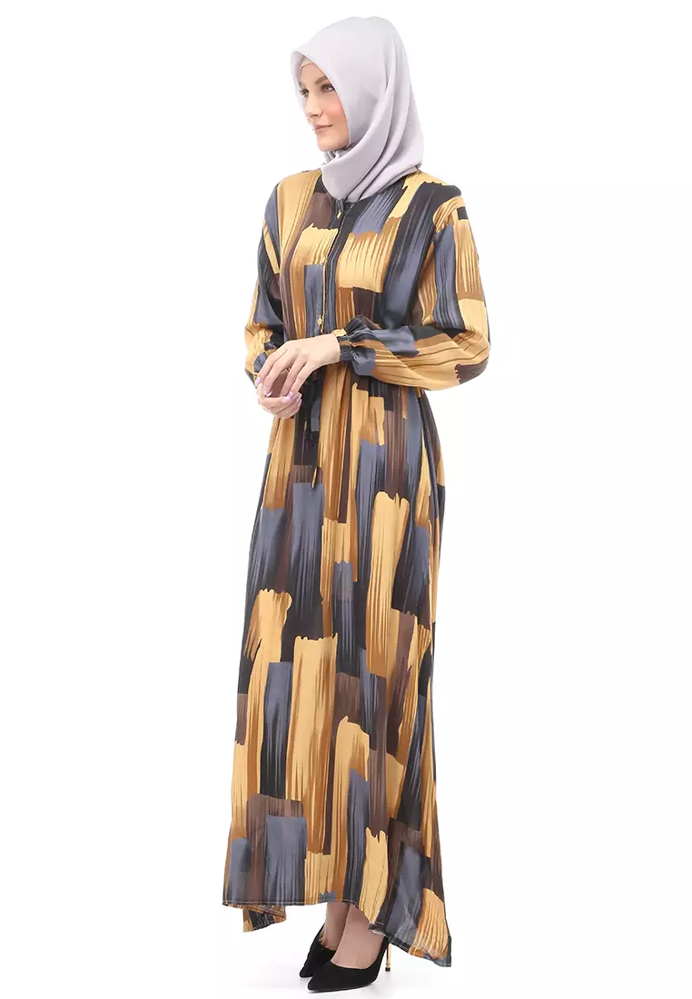 Monalisa Maxi Dress Muslimah Wanita Bermotif Corak Long Sleeve Regular Fit - Multicolor