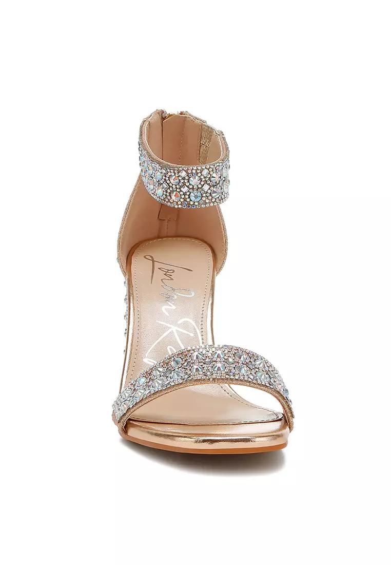 Rhinestones And Sequins Block Sandals in Rose Gold