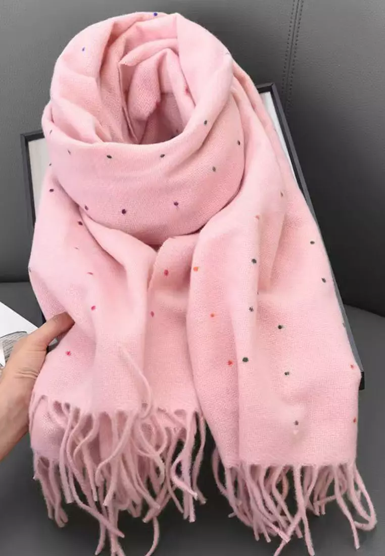 Aksesoris Wanita Polka Dots Cashmere Pashmina Syal Wanita Tebal Kasmir Pink