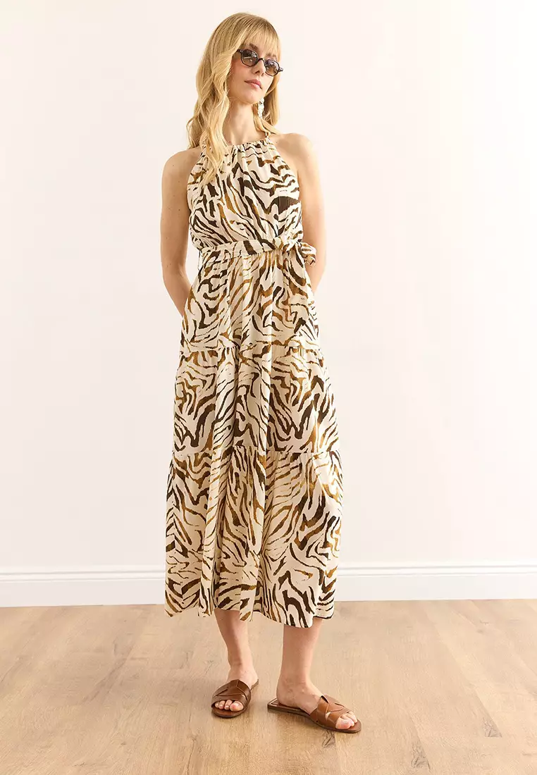 Halter Neck Belted Woven Viscose Dress