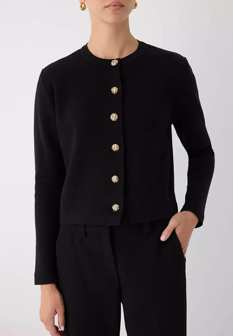 Black Button Detailed Crop Premium/Special Yarn Knitwear Cardigan