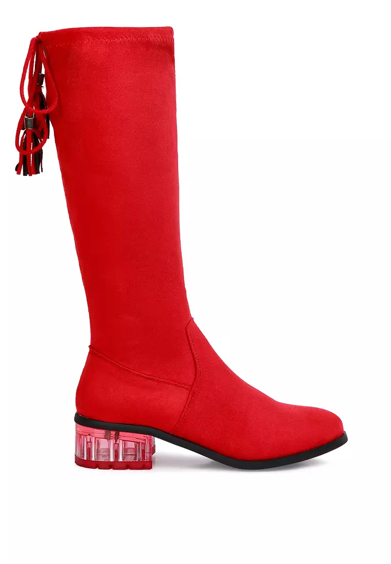 Red Tassels Detail Short Heel Calf Boot