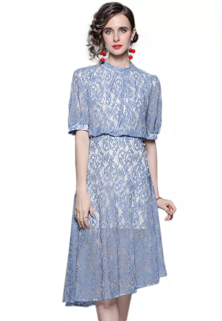 Buy Sunnydaysweety Elegant Hollow Lace Irregular One-Piece Dress ...