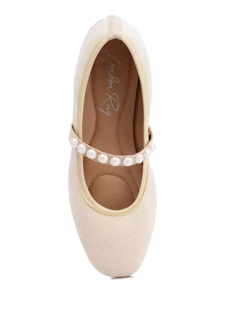 Beige Pearl Embellished Ballerina Flats