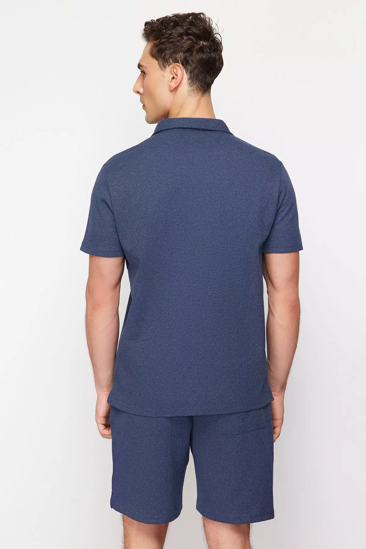 Indigo Regular Cut Textured Fabric Labeled Polo Collar Tracksuit Set TMNSS23EM00003