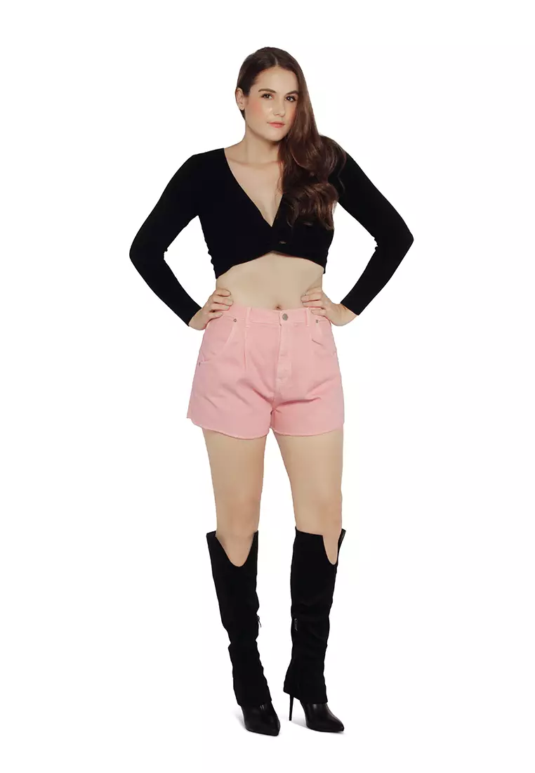 Celana Pendek Denim Mid Rise Merah Muda