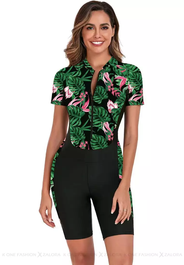 Surf Print Short Sleeve One Piece Swimsuit