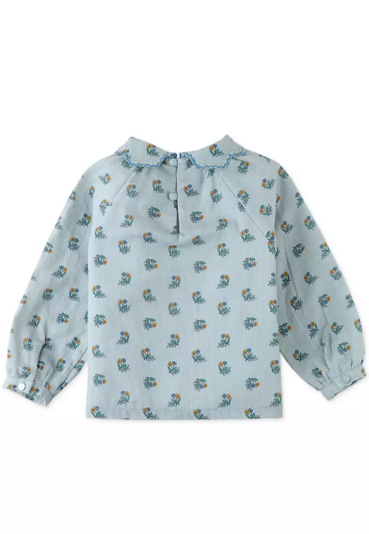 Baby Girls Floral Blouse With Scallop Collar And Contrast Embro