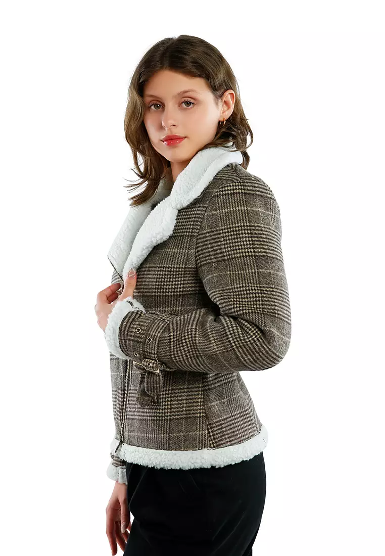 Brown Checkered Shearling Collar Winter Jacket