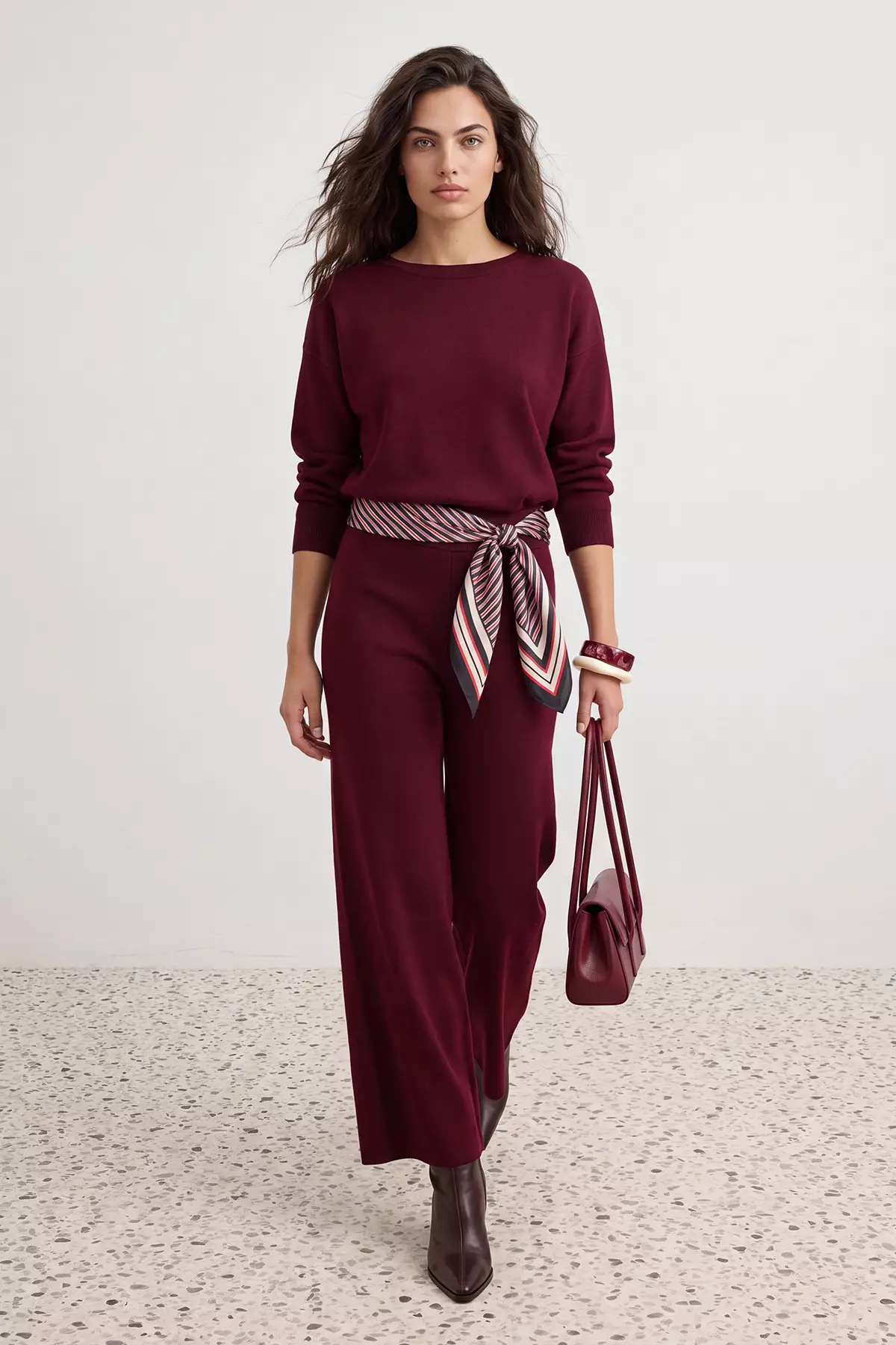 Burgundy Boat Neck Sweater-Pants Knitwear Bottom - Top Set Twoaw26Au00043
