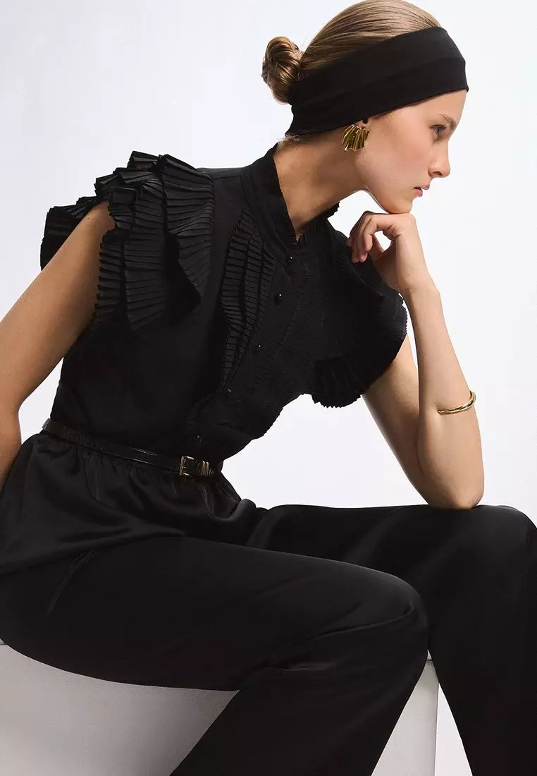Ruffled Placket Top - Black