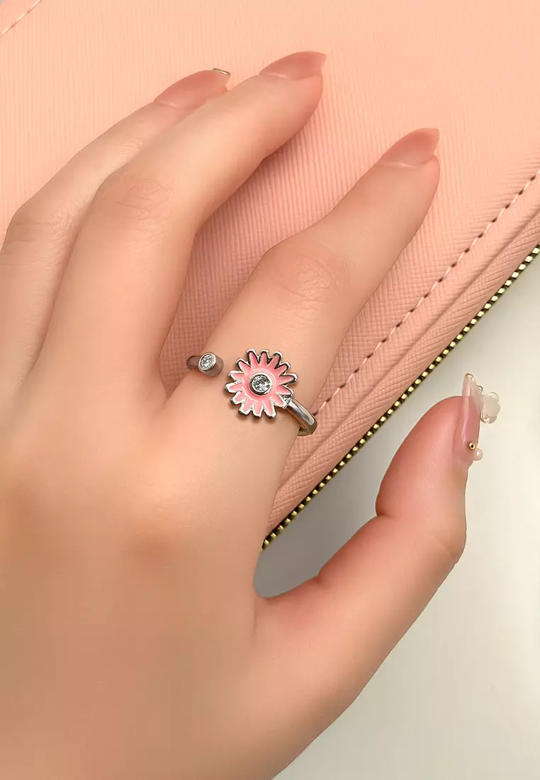 Pink Daisy Flower with Diamonelle Adjustable Ring