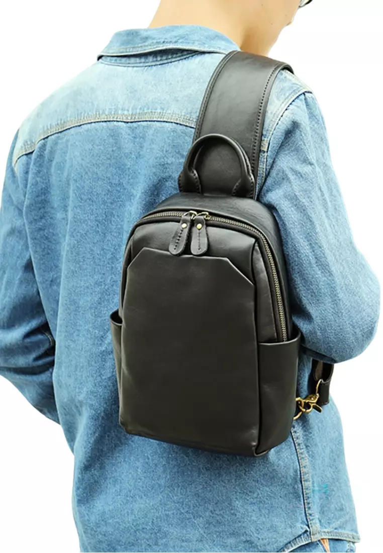 Men's Crazy Horse Cow Leather Zipper Belt Bags Chest Bags