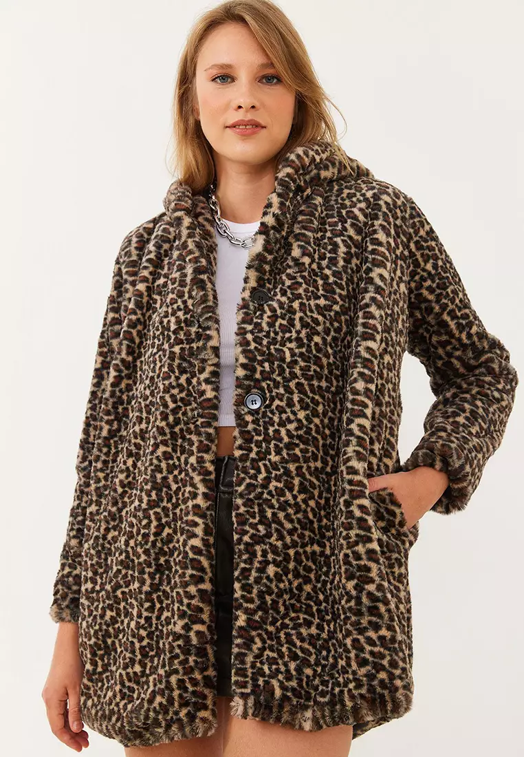 Women's Lined Hooded Leopard Patterned Fur 2457 60251827