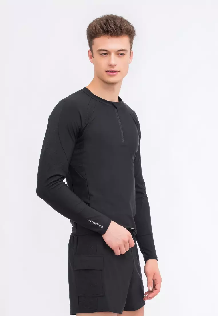 Men Black Essential Half-zip Swim Rashguard