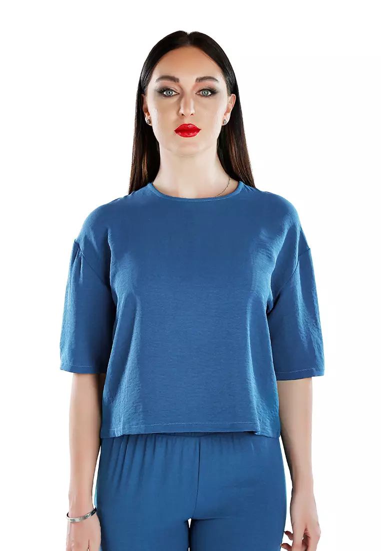 Blue Half Sleeves Crop Top & Capris Coord Set