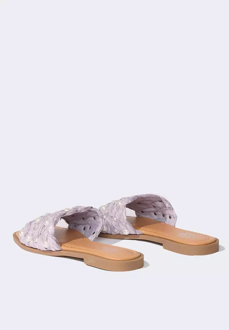 Women's Pearl Detailed Single Strap Flat Sole Slippers E2501Ax25Sm