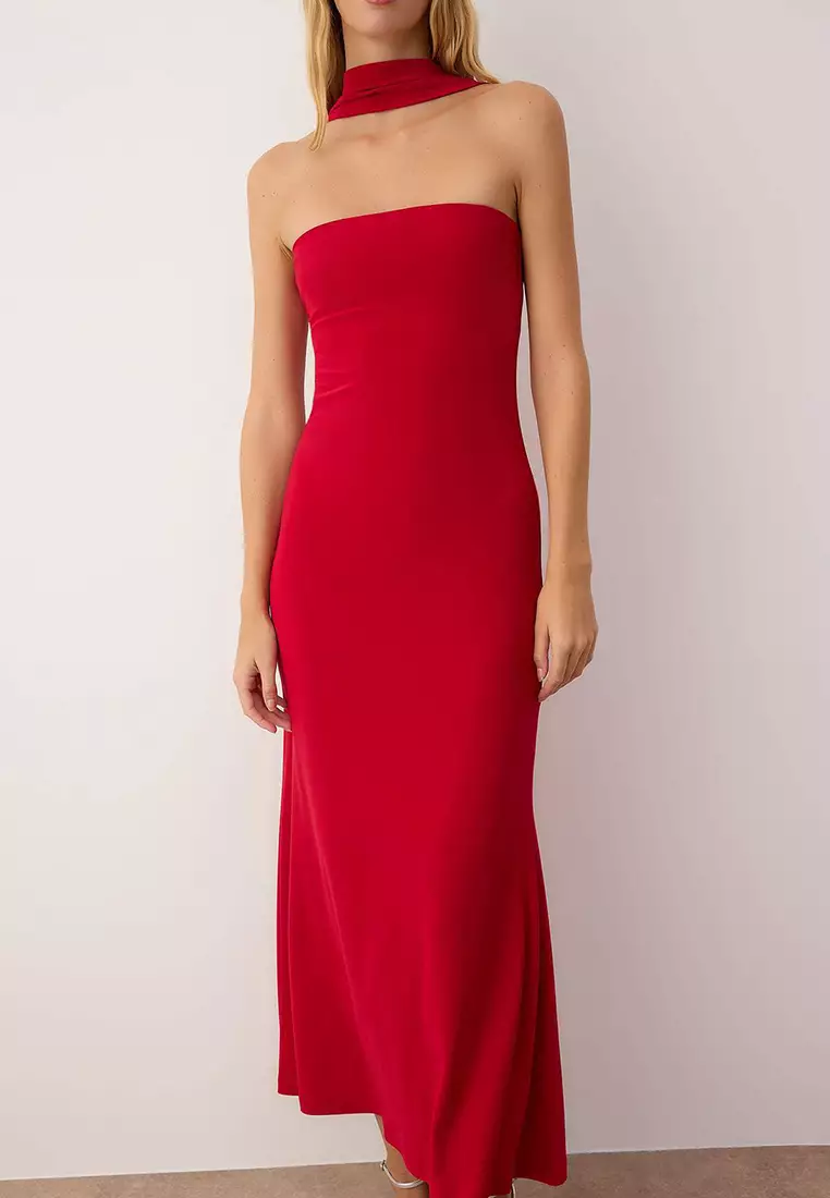 Red Plain Knit Sandy Maxi Unlined Cocktail Dress