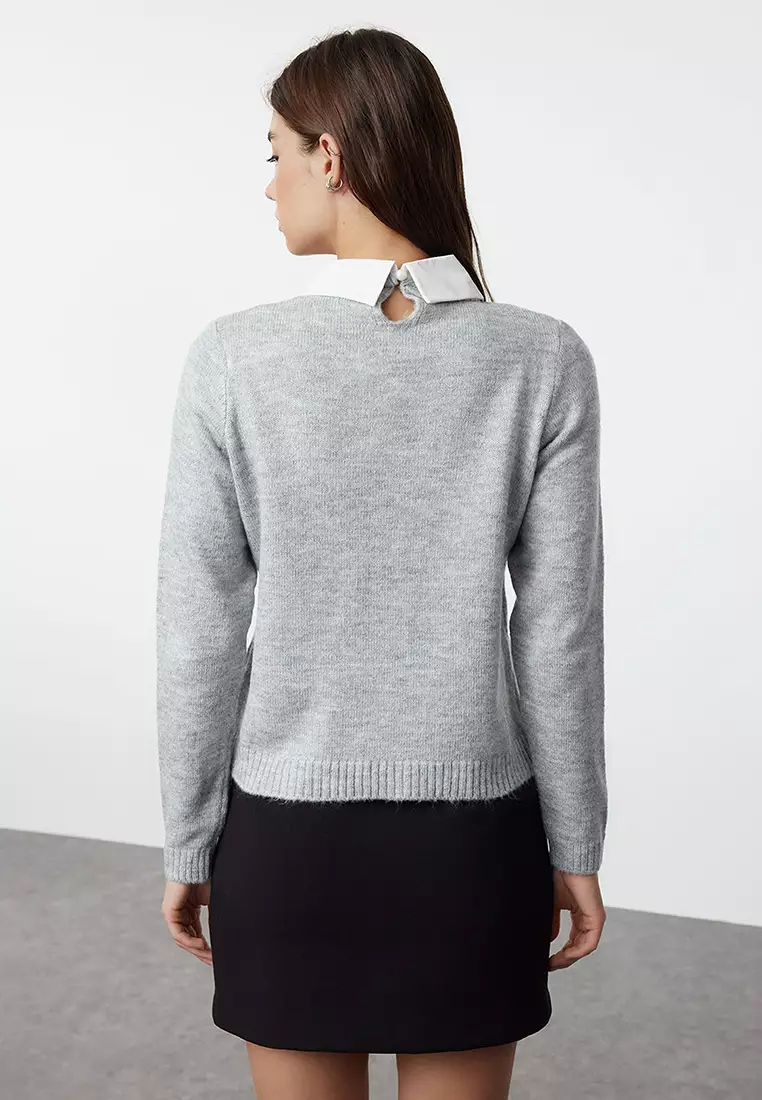 Gray Soft Textured Garnished Ribbon/Bow Detailed Stone Knitted Sweater TWOAW25KZ00035