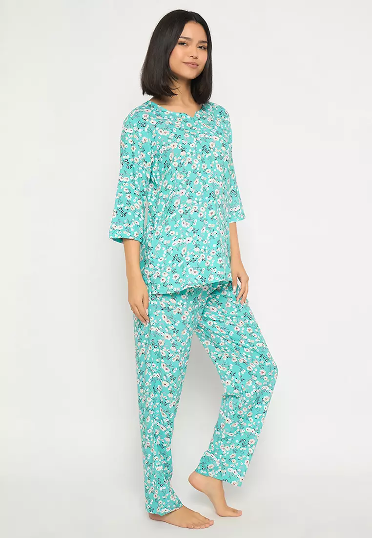 Clovia Floral Print Top & Pyjama Set in Sky Blue - Rayon