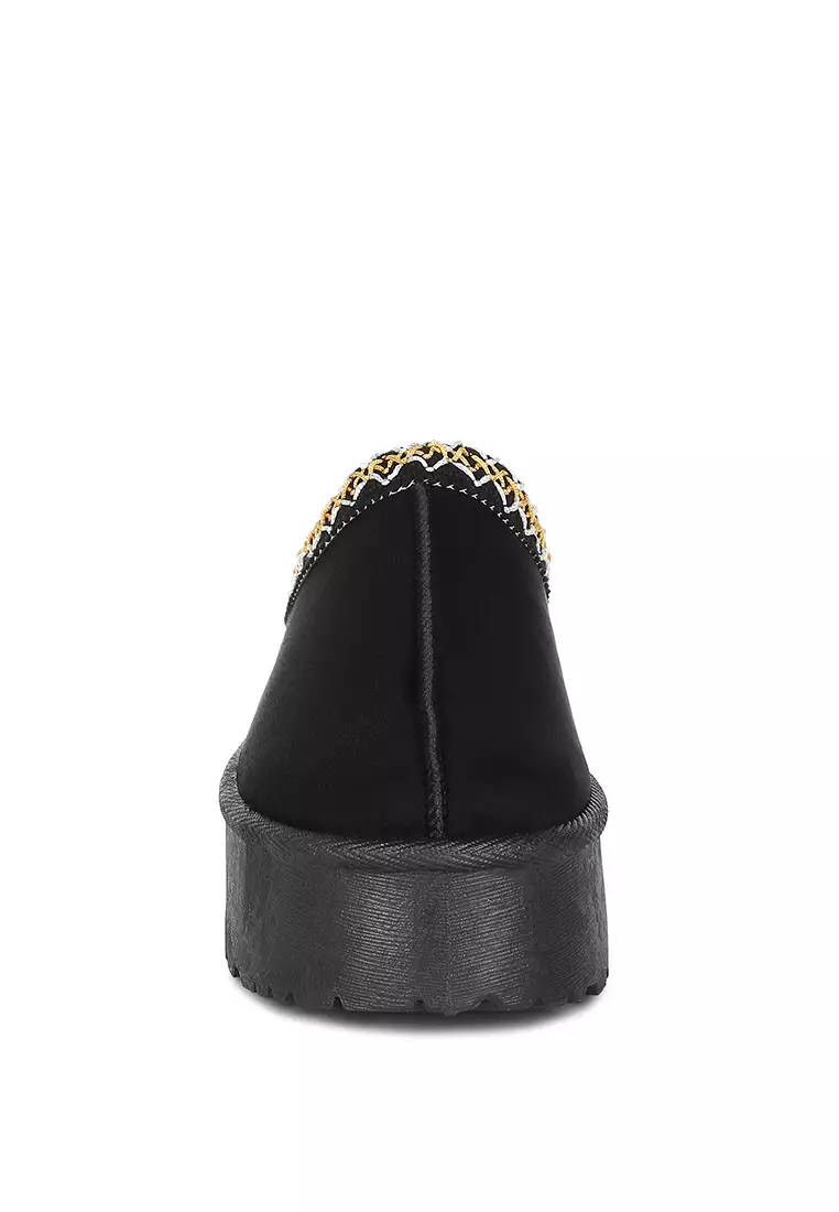 Black Embroidered Platform Fur Classic Slip-On