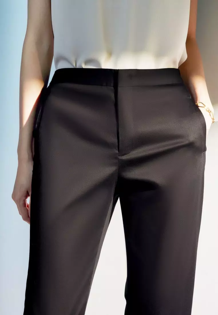 Cotton Blend Spandex Satin Cropped Cigarette Pants With Elastic Waistband