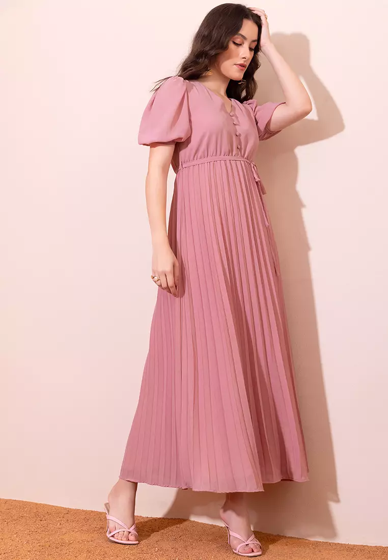 Pink pleated maxi store dress