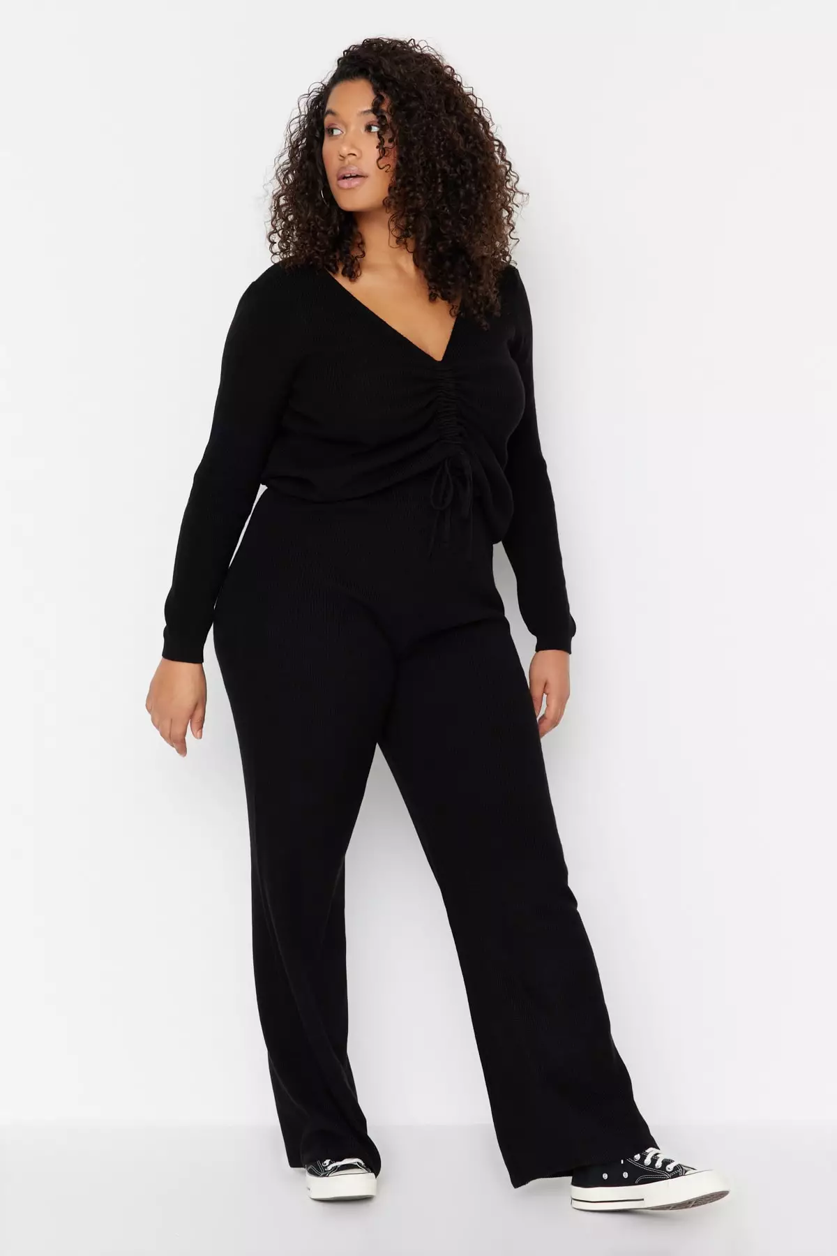 Plus Size V-Neck Tie Top & Elastic Pants Set