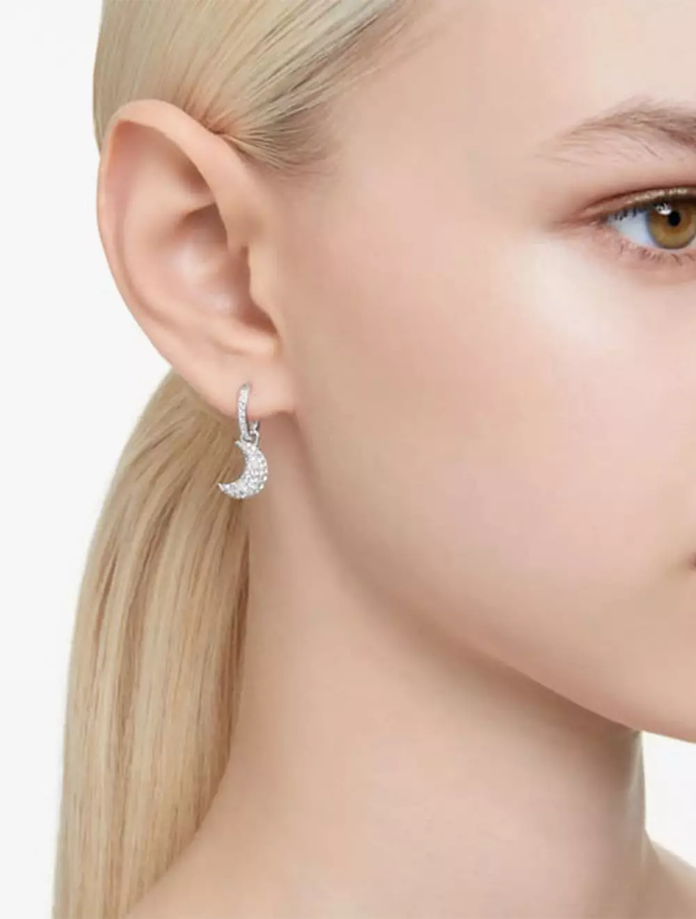 Luna Drop Earrings, Moon, White, Rhodium Plated - White