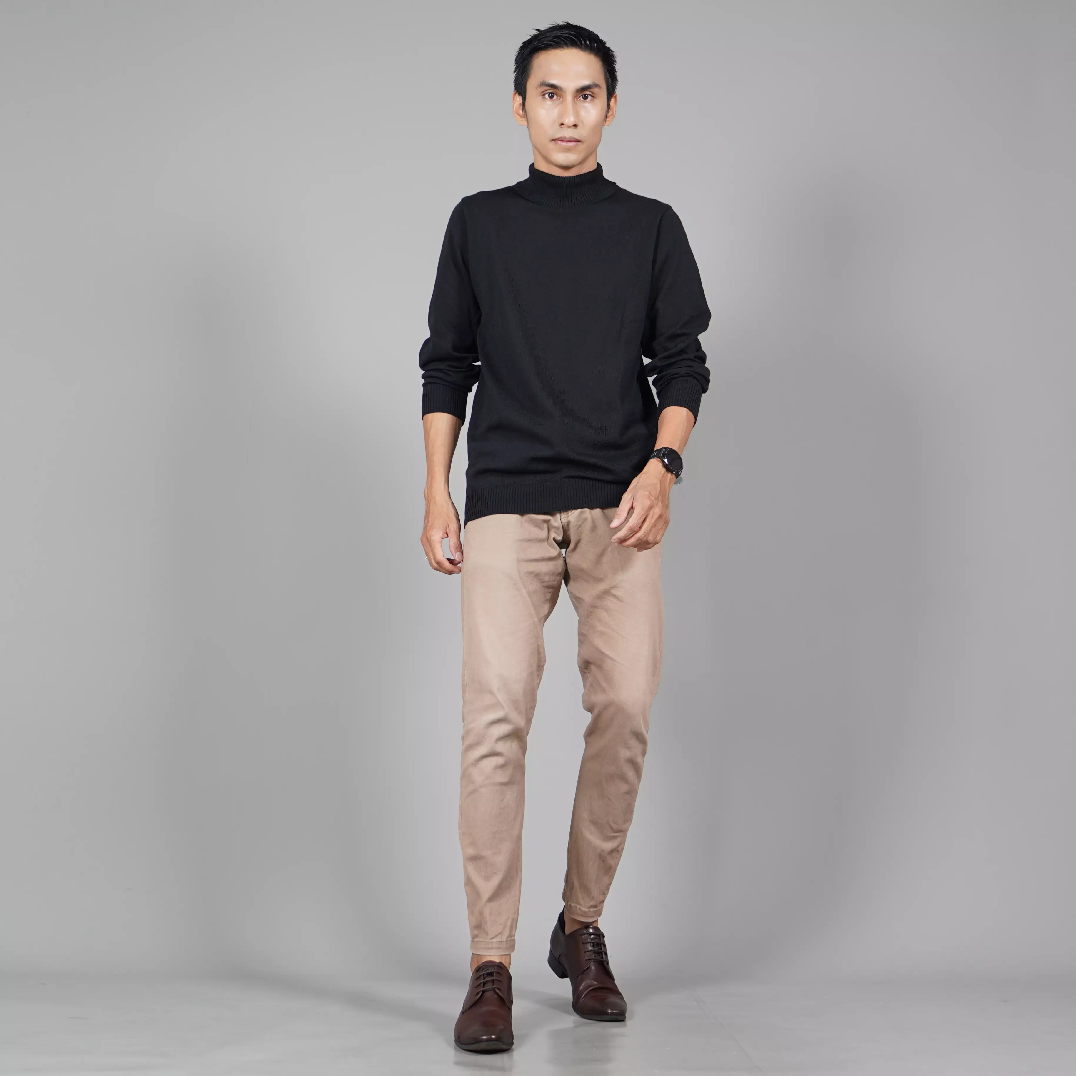  JEHOON Turtle Neck Knit Outer Sweater Rajut Pria - HITAM