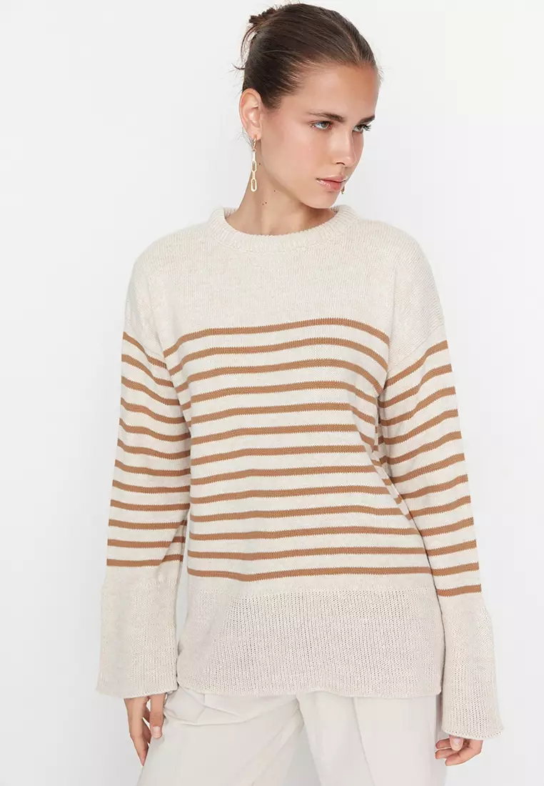 Contrast striped panel ribbed sweater on sale