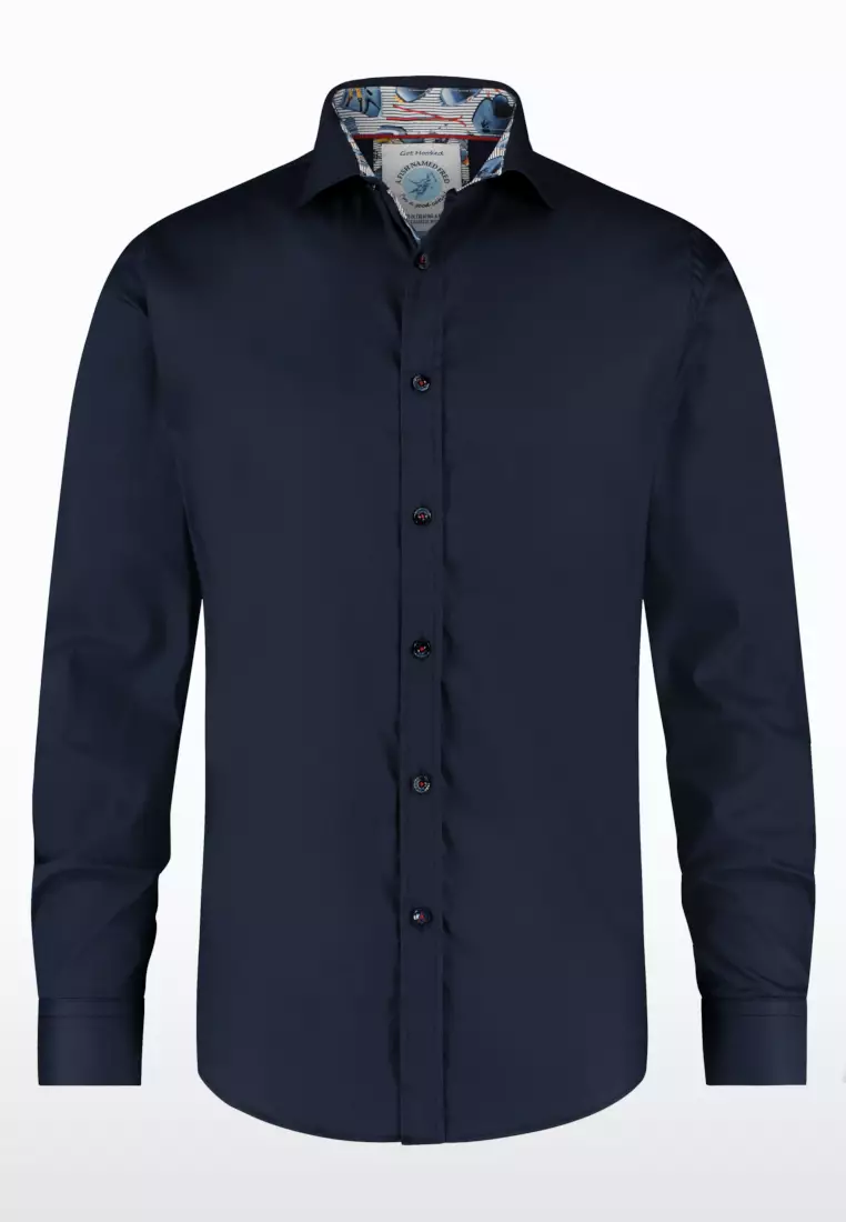 Men Long Sleeve Shirt Navy with Ski Printed Design Collar