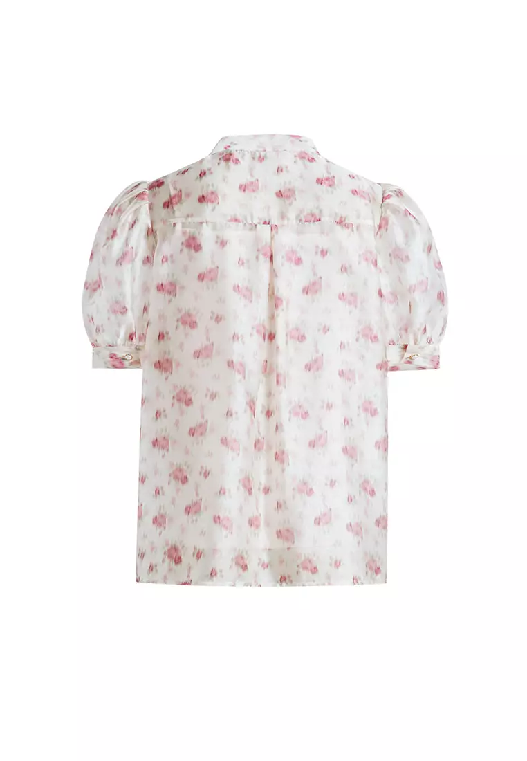 Puff Sleeve Mandarin Collar Floral Top with Front Ribbon Tie