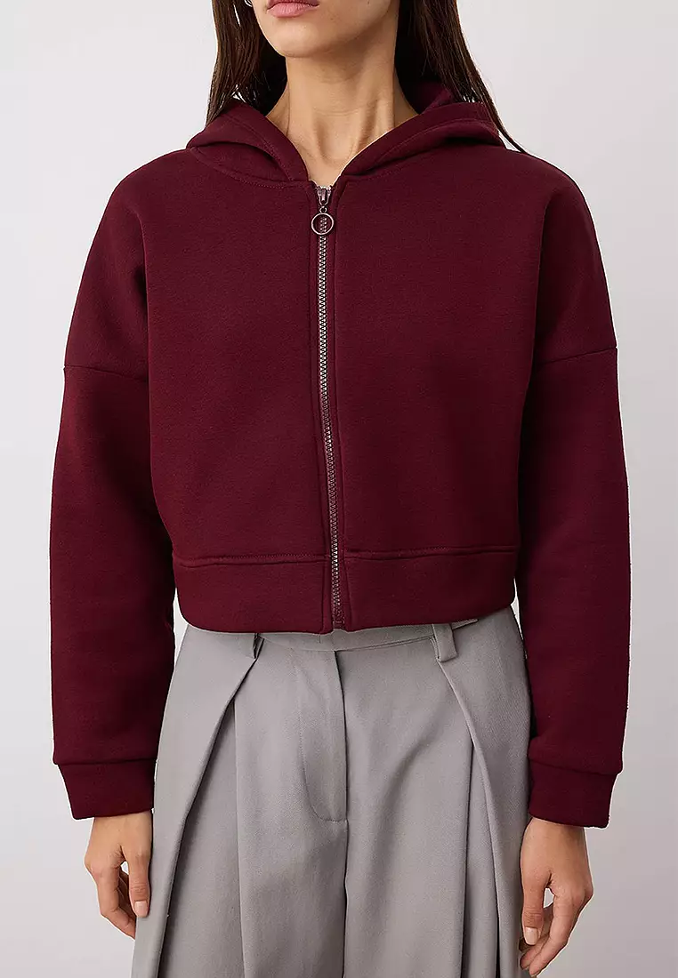 Zippered Hooded Casual Cut Crop Thick Fleece Knitted Sweatshirt