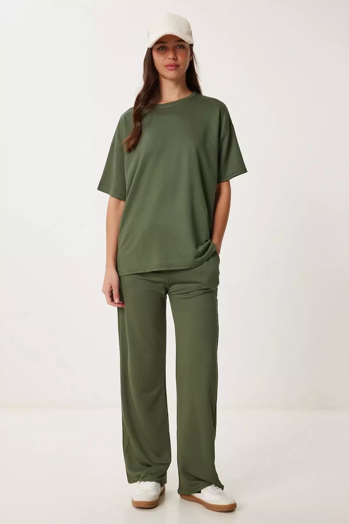 Women's Khaki Crew Neck Knitted Bottom-Top Suit Zv00293