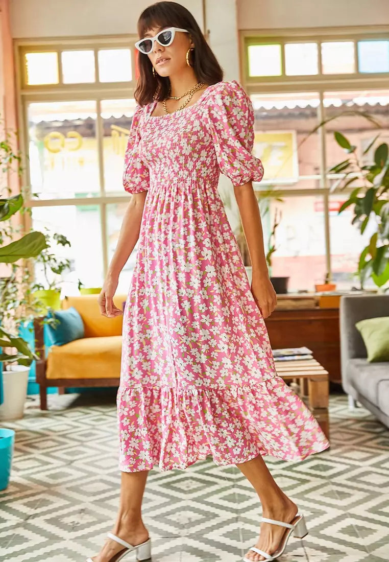 Floral Shirring Midi Dress