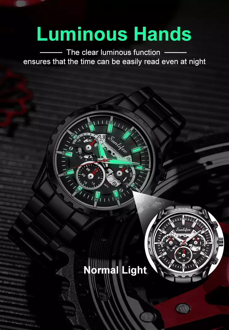 Jam Tangan Pria 8081 Kuarsa Hollow Design Kalender Tali Stainless Steel Jam Tangan Cowok Allblack