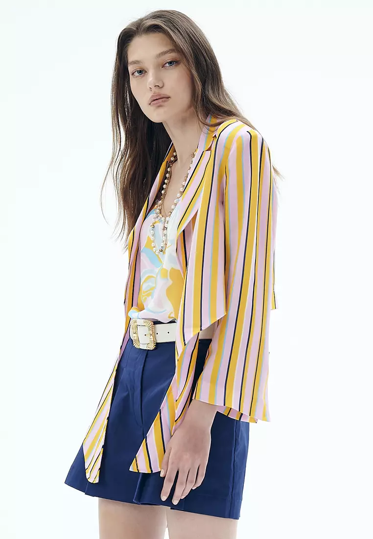Summer Stripe Print Front Tie Knot Crop Outerwear
