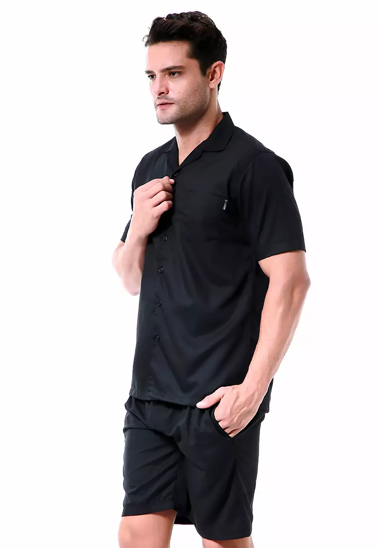 Deon Piyama Pria Plain Motive Kemeja One Set Lengan Pendek Material Cotton ORIGINAL - Black