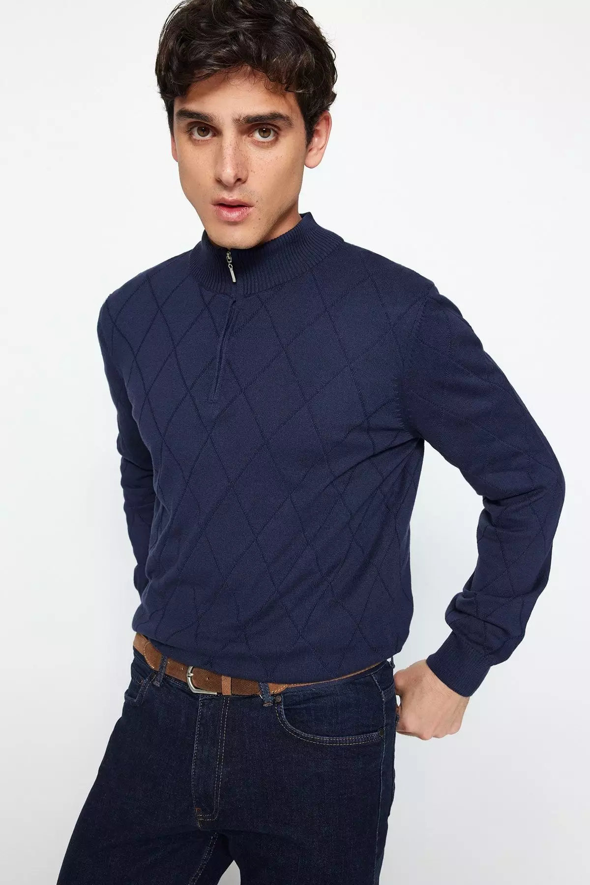 Navy Blue Regular Fit Cotton Half Turtleneck Zippered Collar Smart Knitwear Sweater TMNAW23KZ00215